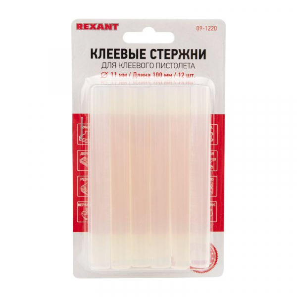09-1220 Стержень клеевой d11мм L100мм прозр. (блист.12шт) Rexant 