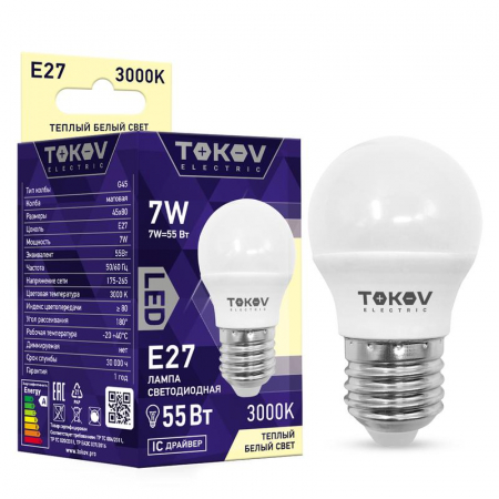 TKE-G45-E27-7-3K Лампа светодиодная 7Вт G45 3000К Е27 176-264В TOKOV ELECTRIC 
