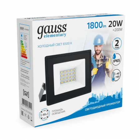 613100320 Прожектор светодиодный Elementary 20Вт 6500К IP65 1800лм 200-240В ДО черн. GAUSS 