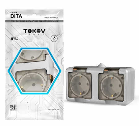 TKL-DT-R2Z-C06T-IP54 Розетка 2-м ОП Dita 16А IP54 250В с заземл. с прозр. крышкой сер.TOKOV ELECTRIC 