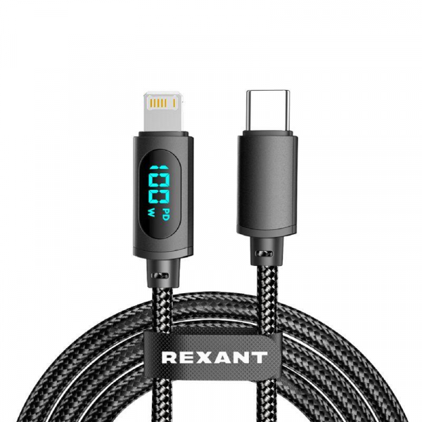18-7068 Кабель Type-C-Lightning для Apple 3А 1м черн. нейлон. оплетка LED дисплей Rexant 