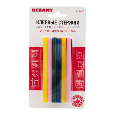 09-1020 Стержень клеевой d7.4мм L100мм разноцв. (уп.12шт) Rexant 